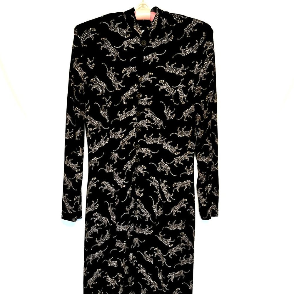 Cache Black Animal Print Long 7-Buttons Down Long… - image 1